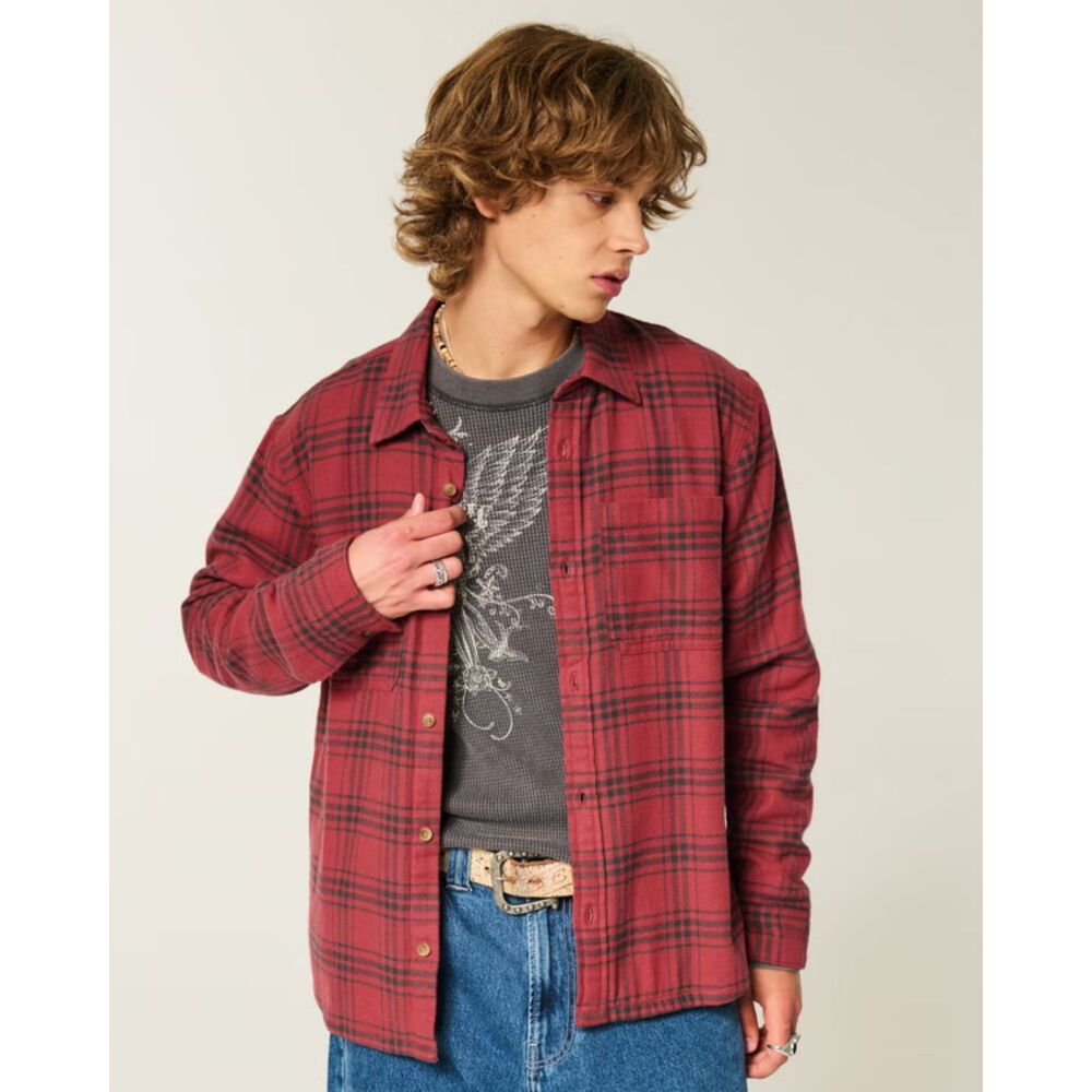 Hollister Boxy Thermal Lined Flannel Shirt Deep Red Plaid Button Up Fall Holiday